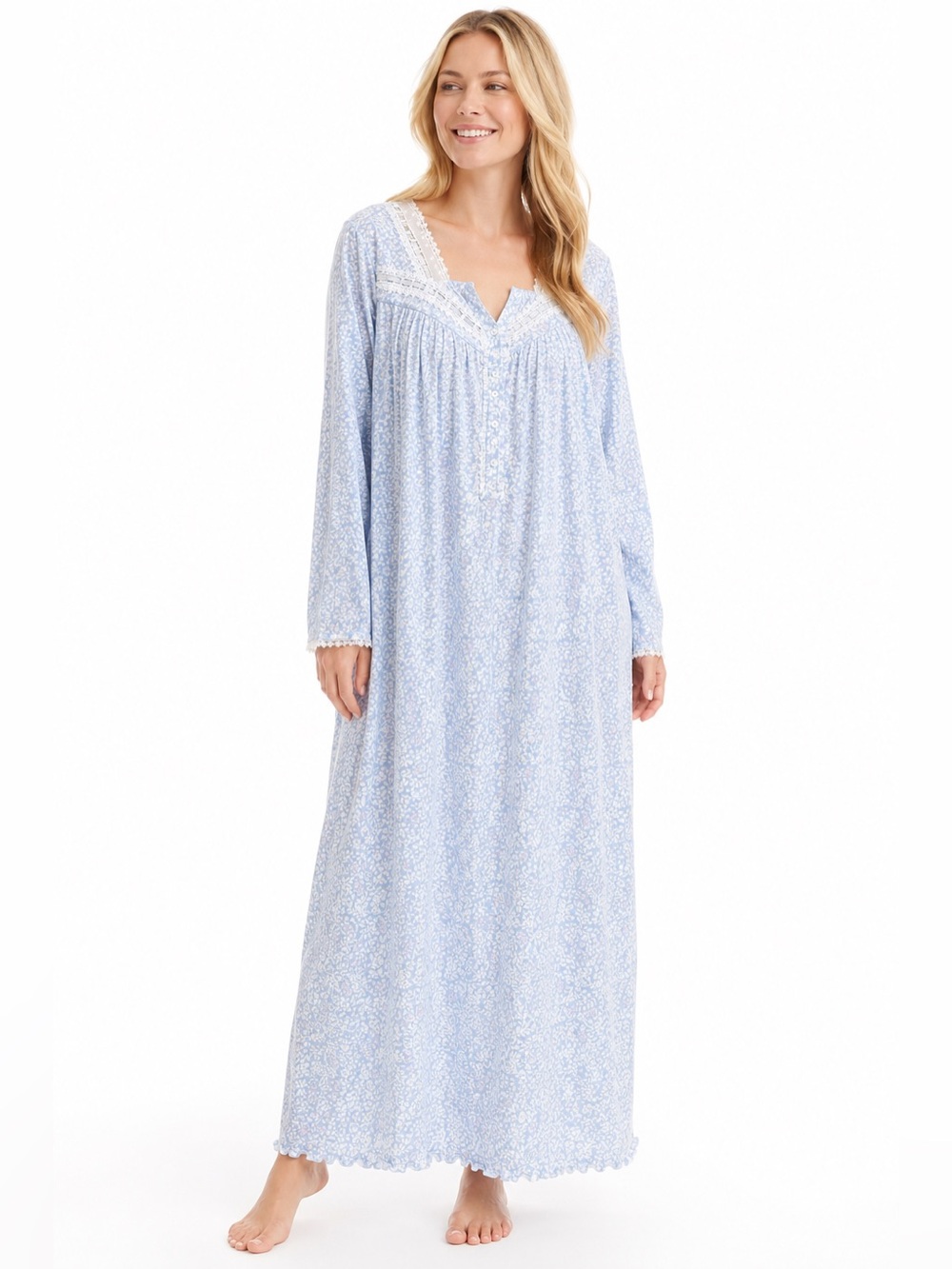 NWT Eileen West Petal Soft Pima Cotton Blue Floral Lace Nightgown XL